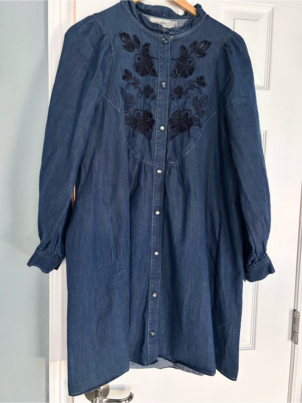 Coach Dark Blue Denim Long-Sleeve Floral Embroidered Dress